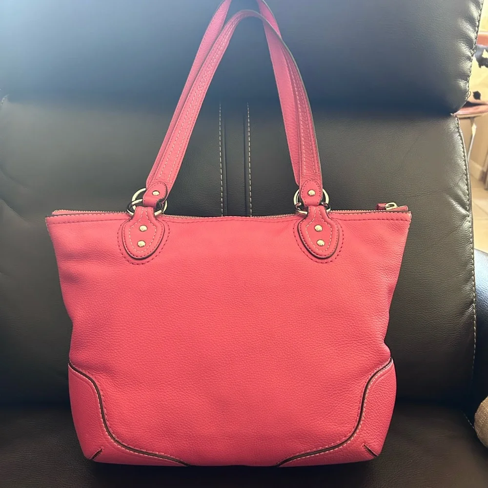 Coach Poppy Rose Pink Pebbled Leather Double Handle Handbag Tote 14" - Picture 4 of 9